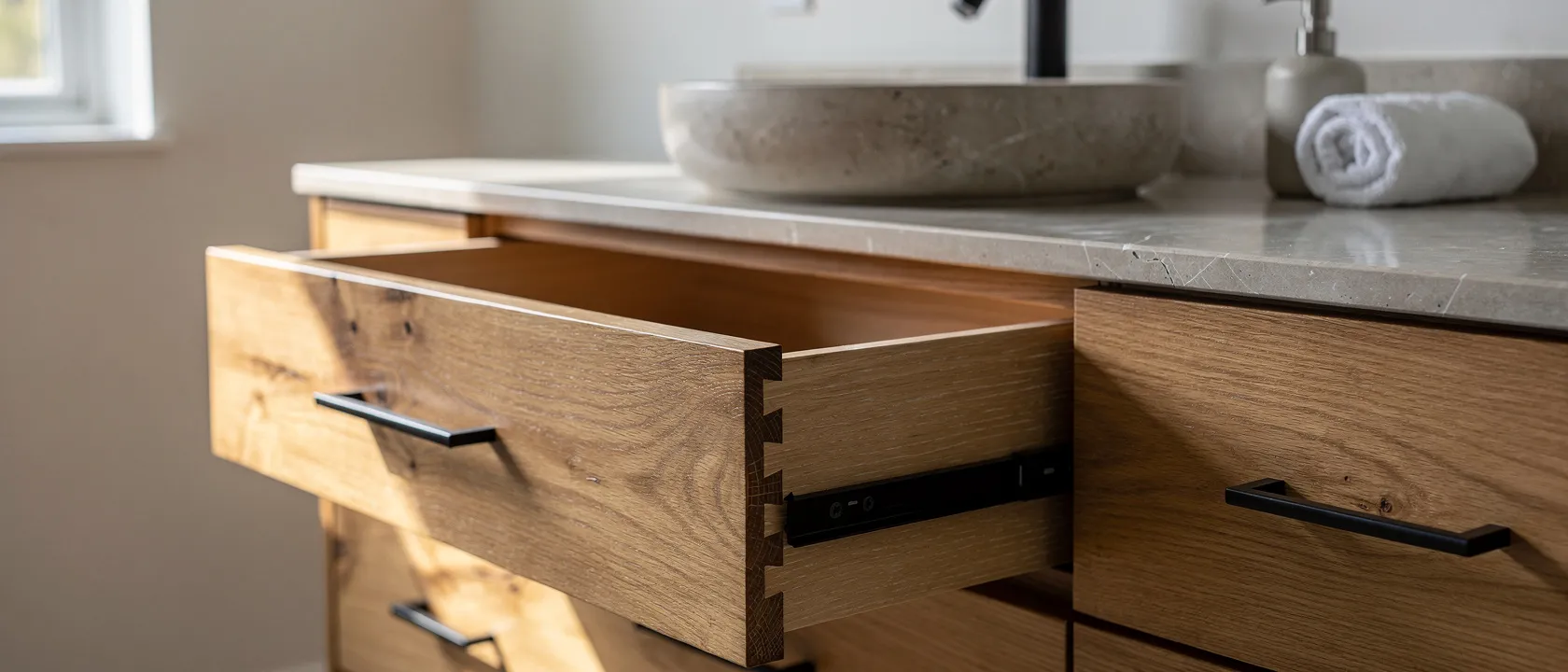 Custom vanity detail showing dovetail joinery and hardware