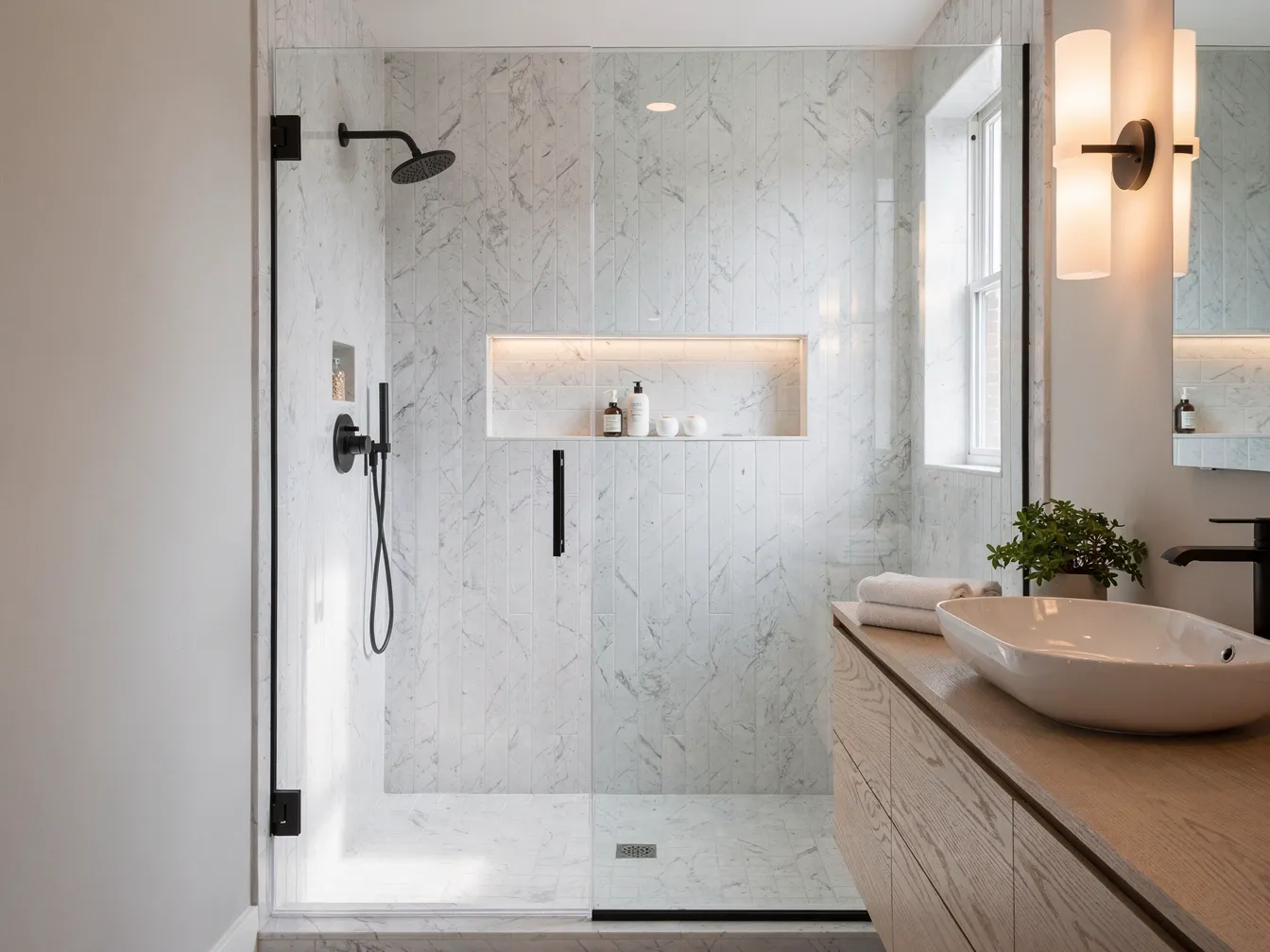 Remodeled bathroom with walk-in shower and custom vanity