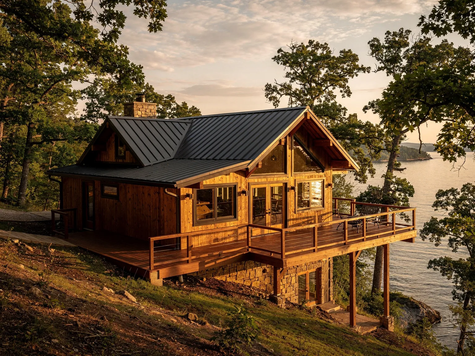 Renovated lake house with cedar siding and wraparound deck