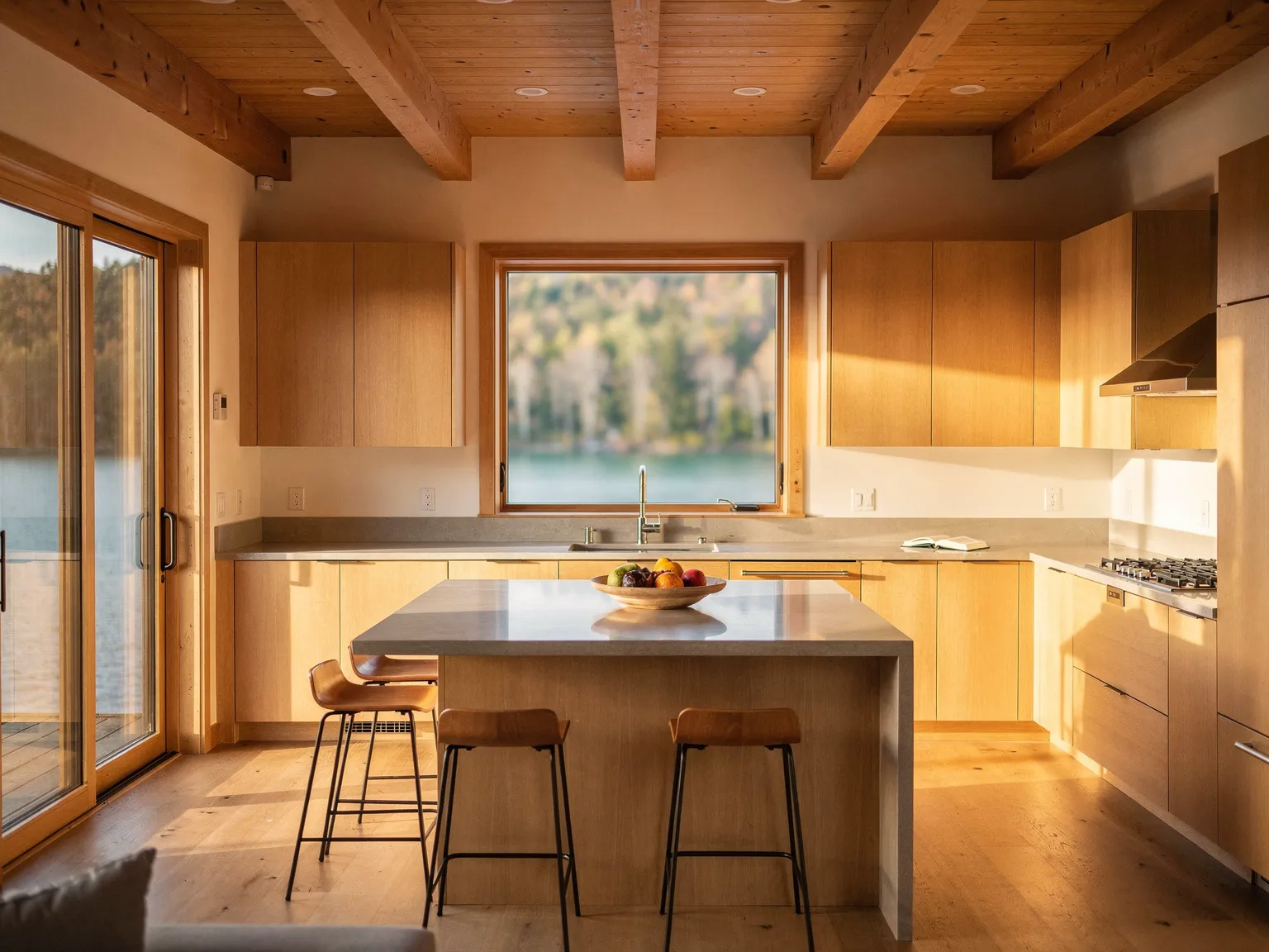 Kitchen and living area flow with lake view through window