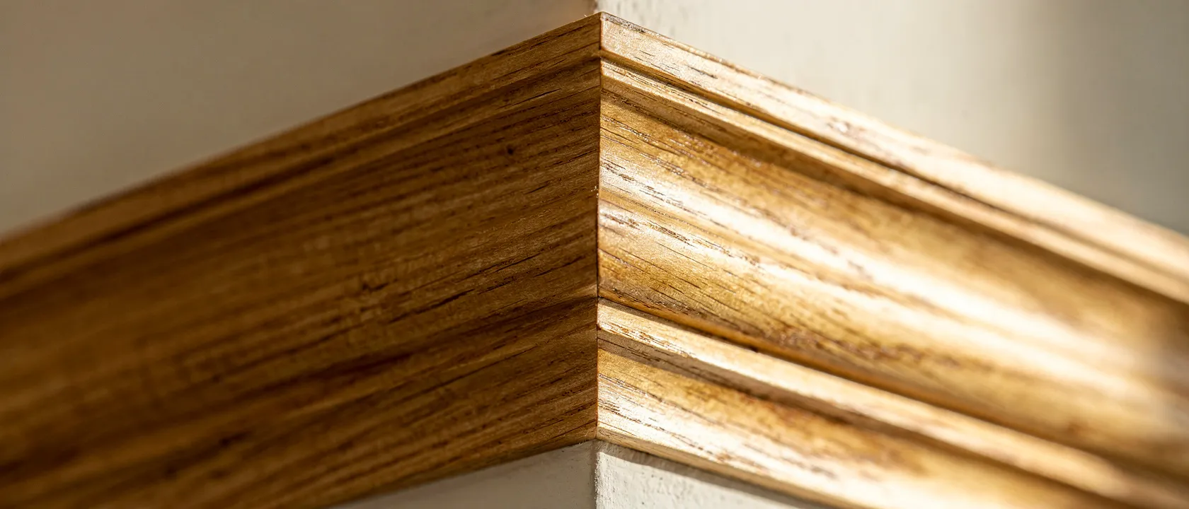 Close-up of a perfect miter joint in crown molding