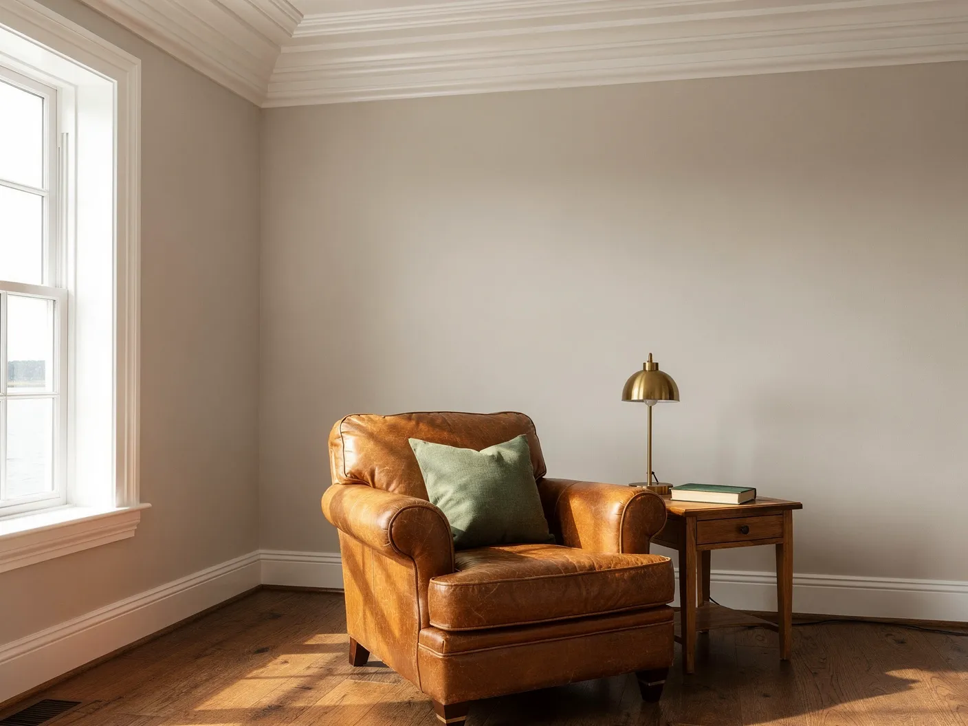 Living room with crown molding and natural light