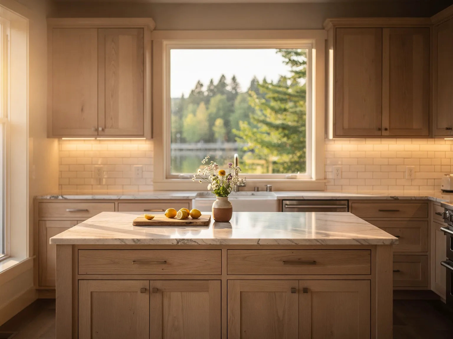 Remodeled lake house kitchen with white oak cabinets and island
